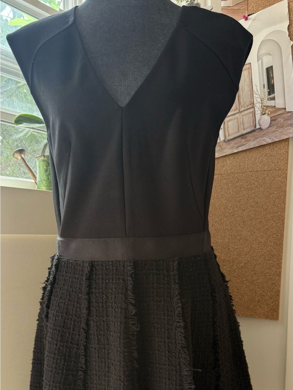 Rebecca Taylor Black V-Neck Midi Dress with Textured Fringe Skirt